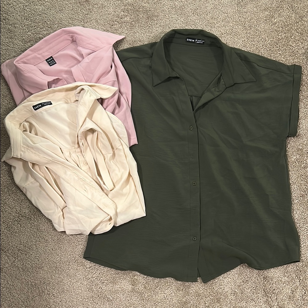 Shein 3-Pack: Green, Cream, and Pink Button Down Shirt with Notched Collar